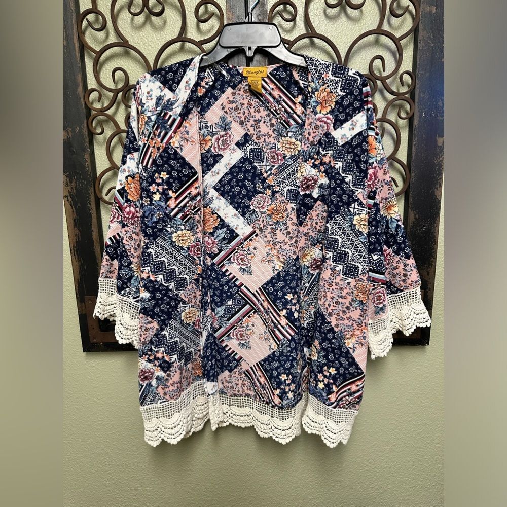 Wrangler open front patchwork embroidered hem cardigan